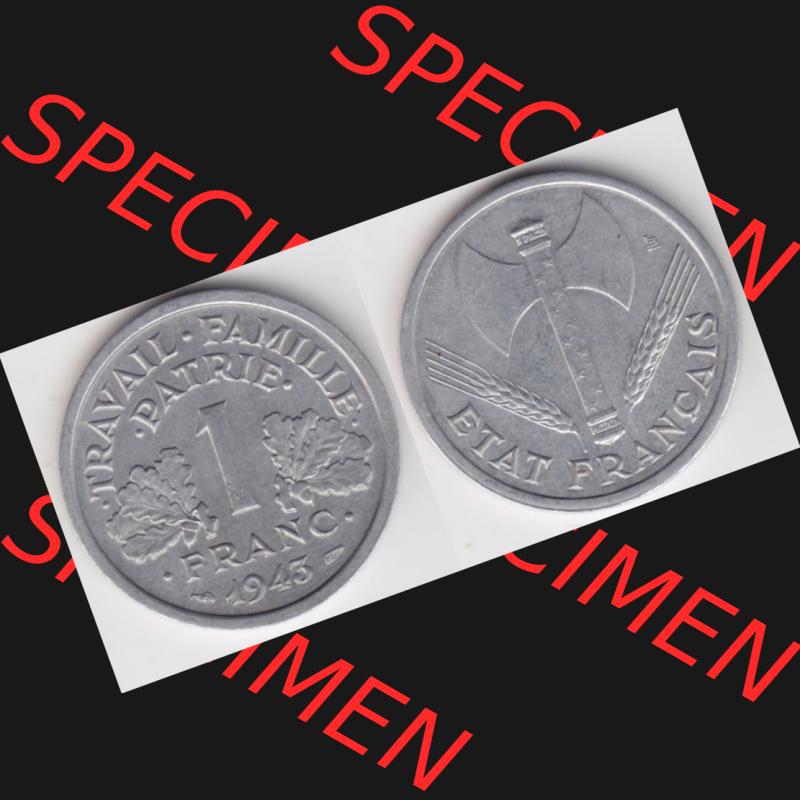 Münze Frankreich 1942-1944, 1 Franc, Franken 1943. Vorderseite und Rückseite horizontal auf einen digitalen Bild der alten französischen Umlaufmünze aus Frankreich... Sammlung