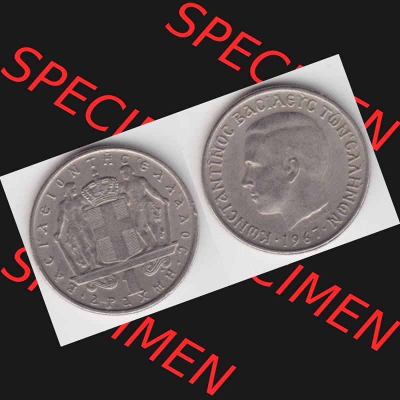 Münzen Griechenland Umlaufmünze 1967, 1 Apaxmai, Drachme. Vorderseite und Rückseite horizontal auf einen digitalen Bild der alten griechischen Umlaufmünze aus Griechenland... Sammlung