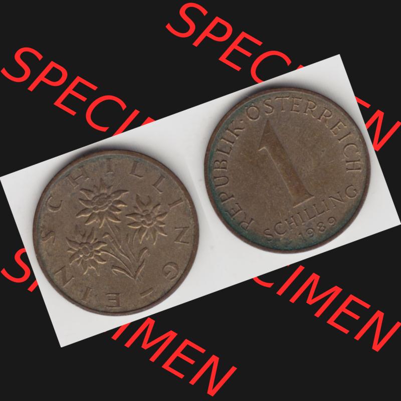 Münzen Österreich Umlaufmünze 1959-2001, 1 Schilling 1989, Münze aus Österreich mit Münzseiten Horizontal / Nebeneinander auf einen Bild für Mobile-Geräte... Sammlung