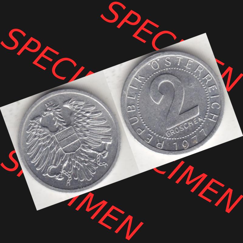 Münzen Österreich Umlaufmünze 1950-1994, 2 Groschen 1977, Münze aus Österreich mit Münzseiten Horizontal / Nebeneinander auf einen Bild für Mobile-Geräte... Sammlung