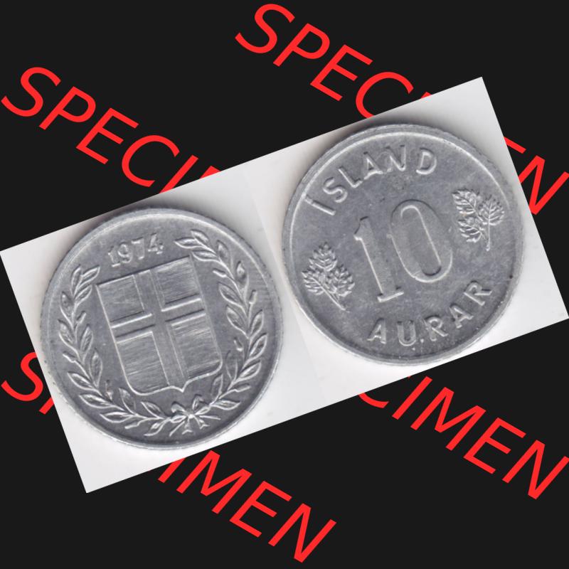 Münzen Island Umlaufmünze 1970-1974, 10 Aurar 1974. Vorderseite und Rückseite horizontal auf einen digitalen Bild der alten Isländischen Umlaufmünze aus Island in... Sammlung