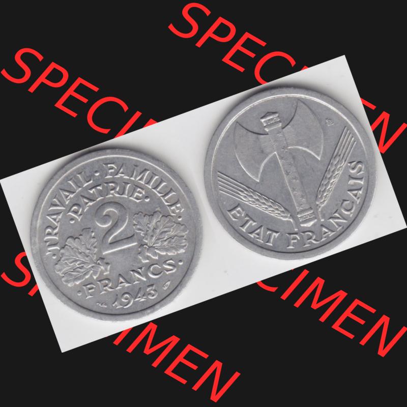Münze Frankreich 1943-1944, 2 Francs, Franken 1943. Vorderseite und Rückseite horizontal auf einen digitalen Bild der alten französischen Umlaufmünze aus Frankreich... Sammlung