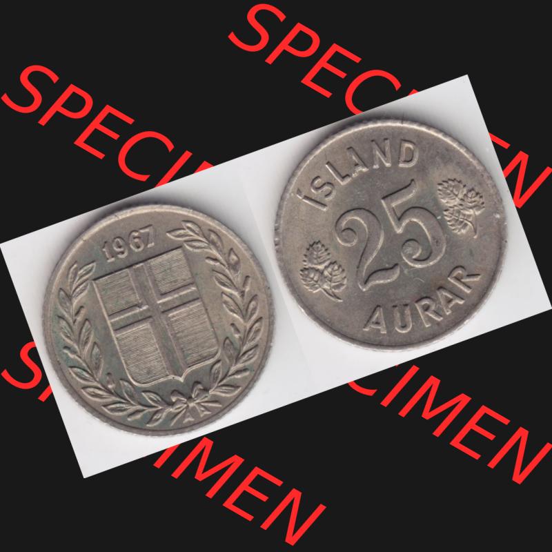 Münzen Island Umlaufmünze 1946-1967, 25 Aurar 1967. Vorderseite und Rückseite horizontal auf einen digitalen Bild der alten Isländischen Umlaufmünze aus Island in... Sammlung
