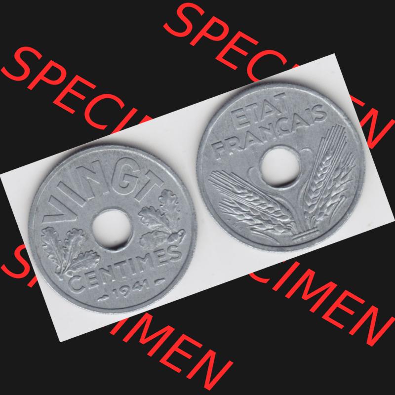 Münze Frankreich 1941-1941, VINGT 20 Centimes, Cent. Vorderseite und Rückseite horizontal auf einen digitalen Bild der alten französischen Umlaufmünze aus Frankreich... Sammlung