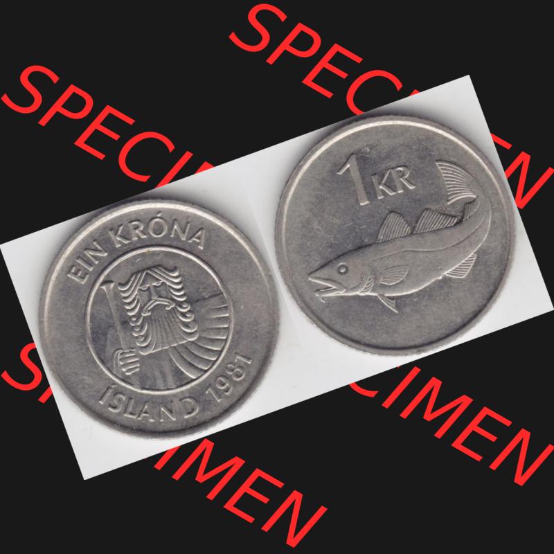 Münzen Island Umlaufmünze 1981-1987, 1 KR, Krone 1981. Vorderseite und Rückseite horizontal auf einen digitalen Bild der alten Isländischen Umlaufmünze aus Island... Sammlung