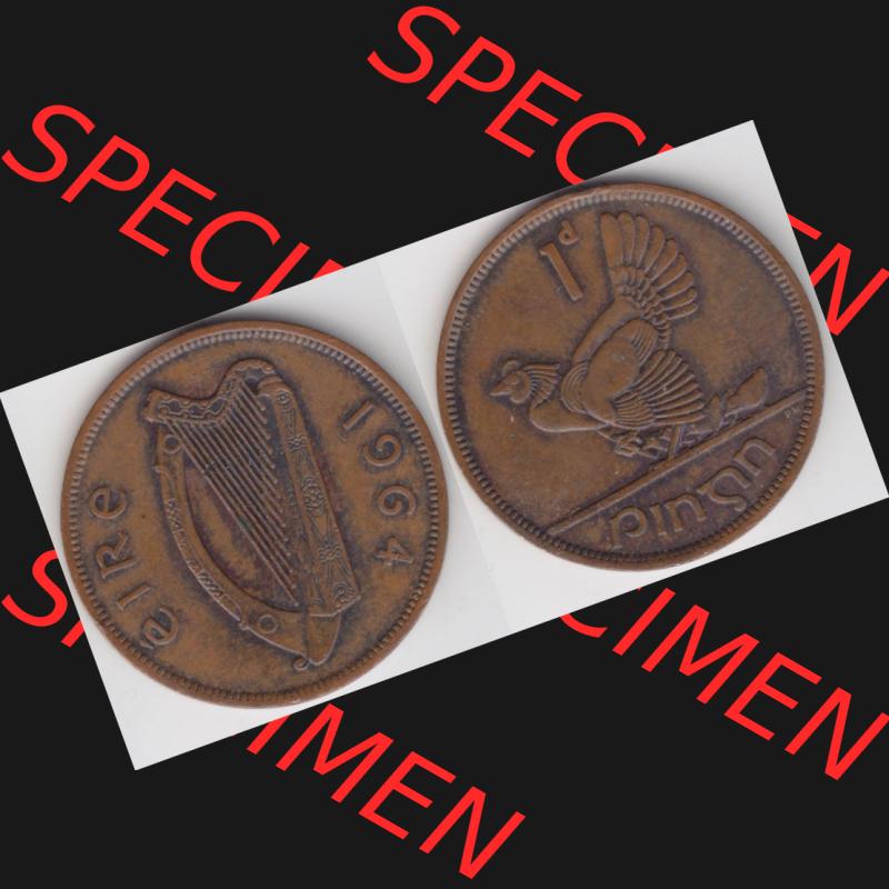 Münzen Irland Umlaufmünze 1940-1968, 1 Penny 1964. Vorderseite und Rückseite horizontal auf einen digitalen Bild der alten irischen Umlaufmünze aus Irland in Irische Pfund-Währung... Sammlung