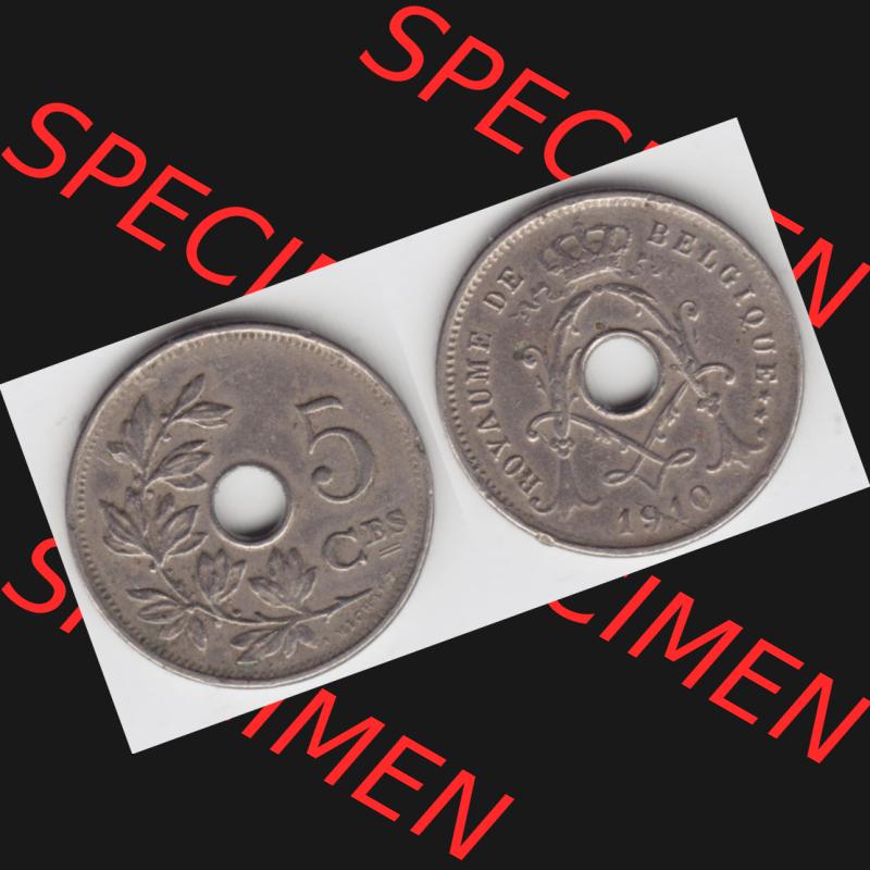 Münzen Belgien Umlaufmünze 1910-1932, 5 Ces, Centimes Koninkrijk Belgie. Vorderseite und Rückseite horizontal auf einen digitalen Bild der alten belgischen Francs Umlaufmünze... Sammlung