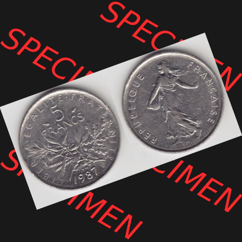 Münze Frankreich 1970-2001, 5 Francs 1985 Liberte Egalite Fraternite. Vorderseite und Rückseite horizontal auf einen digitalen Bild der alten französischen Umlaufmünze... Sammlung