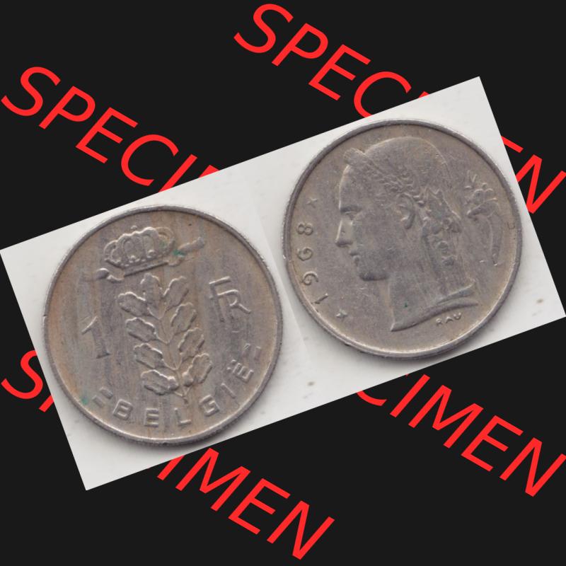 Münzen Belgien Umlaufmünze 1950-1988, 1 Francs-Franken 1968 Belgie. Vorderseite und Rückseite horizontal auf einen digitalen Bild der alten belgischen Francs Umlaufmünze... Sammlung