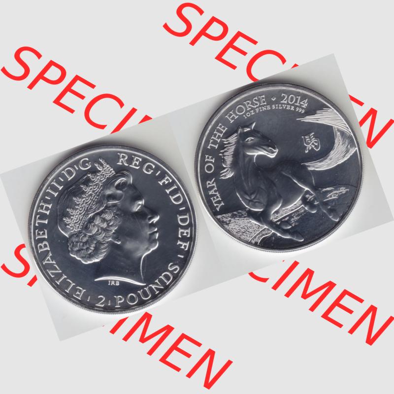 Münzen Großbritannien Silbermünze 2014-2014, 2 Pfund - Pounds Lunar Pferd Silber-Münze. Vorderseite und Rückseite horizontal auf einen digitalen Bild der alten britischen... Sammlung