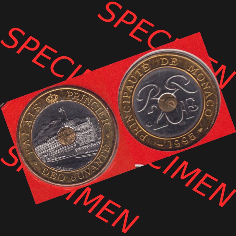 Münzen Monaco Umlaufmünze 1992-1997, 20 Francs 1995. Vorderseite und Rückseite horizontal nebeneinander auf einen digitalen Bild zum herunterladen, einer alten Umlaufmünze... Sammlung