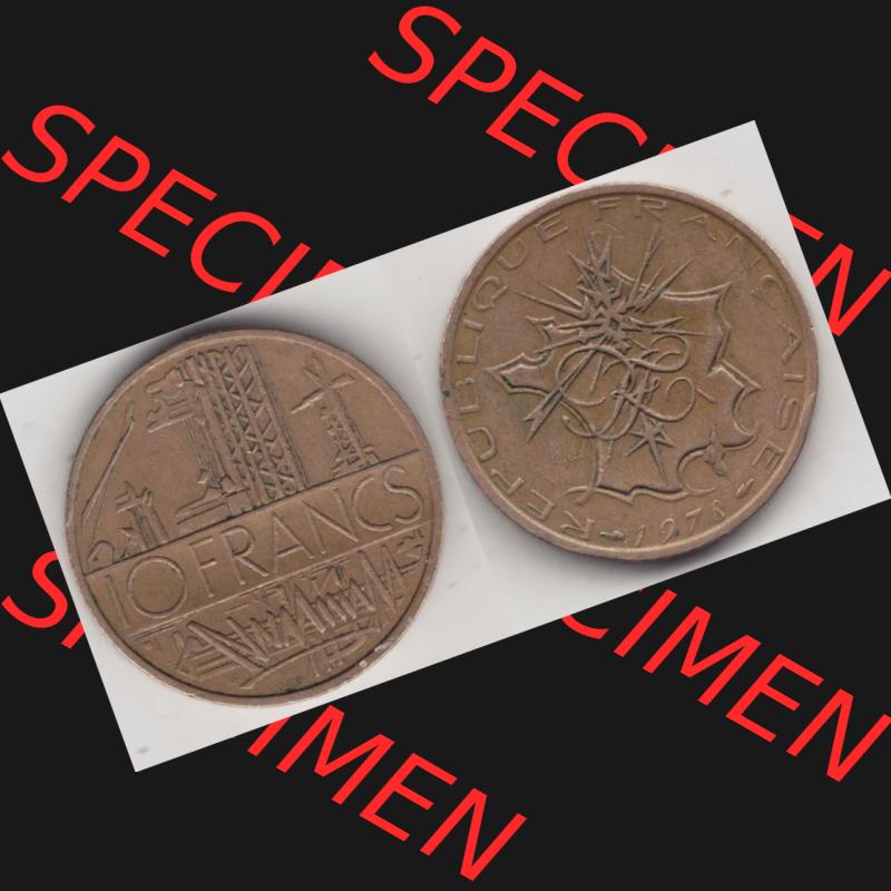 Münze Frankreich 1974-1987, 10 Franken-Francs 1978 I.. Vorderseite und Rückseite horizontal auf einen digitalen Bild der alten französischen Umlaufmünze aus Frankreich... Sammlung