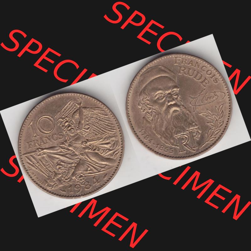 Münze Frankreich 1984-1984, 10 Francs Francois Rude. Vorderseite und Rückseite horizontal auf einen digitalen Bild der alten französischen Umlaufmünze aus Frankreich in... Sammlung