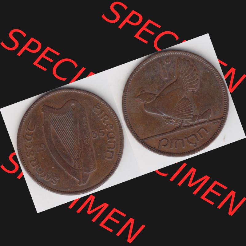 Münzen Irland Umlaufmünze 1928-1937, 1 Penny, Pence 1935. Vorderseite und Rückseite horizontal auf einen digitalen Bild der alten irischen Umlaufmünze aus Irland... Sammlung