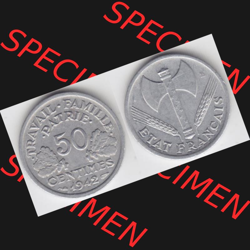 Münze Frankreich 1942-1944, 50 Centimes, Cent 1942. Vorderseite und Rückseite horizontal auf einen digitalen Bild der alten französischen Umlaufmünze aus Frankreich... Sammlung