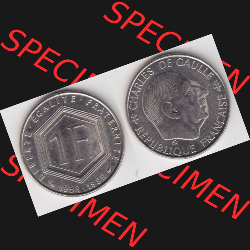 Münze Frankreich 1988-1988, 1 Francs, Franken 1988. Vorderseite und Rückseite horizontal auf einen digitalen Bild der alten französischen Umlaufmünze aus Frankreich... Sammlung
