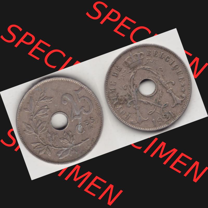 Münzen Belgien Umlaufmünze 1913-1929, 25 Ces, 1921 Centimes Belgique. Vorderseite und Rückseite horizontal auf einen digitalen Bild der alten belgischen Francs Umlaufmünze... Sammlung
