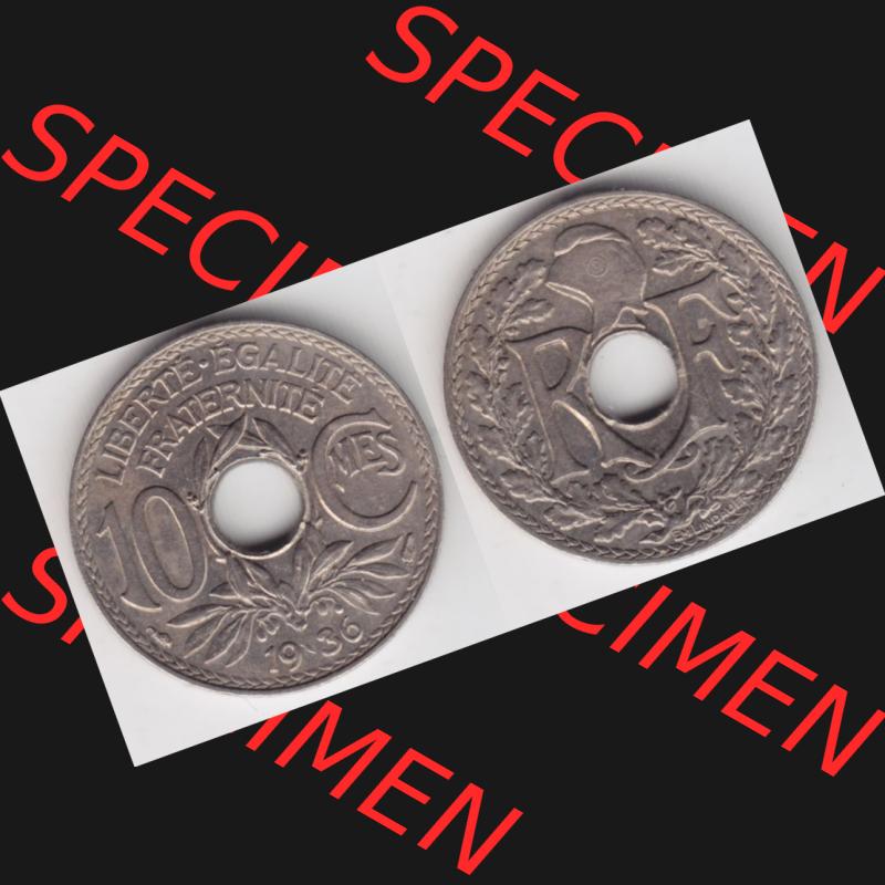 Münze Frankreich 1917-1938, 10 Centimes, Cent 1936. Vorderseite und Rückseite horizontal auf einen digitalen Bild der alten französischen Umlaufmünze 10 Cmes - Centimes... Sammlung