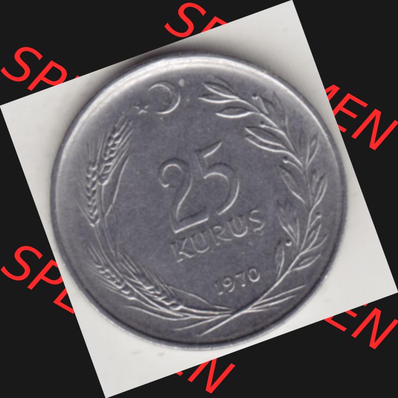Münzen Türkei Umlaufmünze 1967-1978, 25 Kurus 1970. Rückseite der Münze der Türkei als Bildmaterial für Sammler und Münzen-Webseiten hier im online... Sammlung