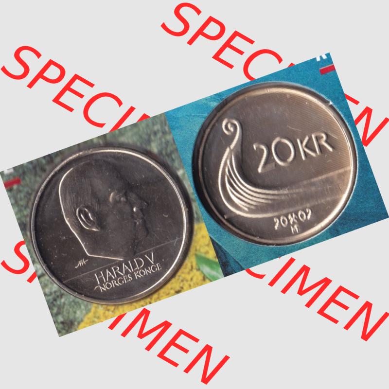 Münzen Norwegen Umlaufmünze 1994-2009, 20 KR, Kronen 2002, Münze aus Norwegen mit Münzseiten Horizontal / Nebeneinander auf einen Bild für Mobile-Geräte... Sammlung