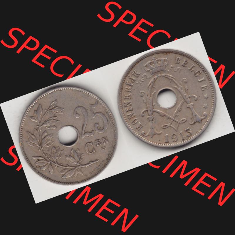 Münzen Belgien Umlaufmünze 1910-1929, 25 Cen, 1913 Centimes Koninkrijk Belgie. Vorderseite und Rückseite horizontal auf einen digitalen Bild der alten belgischen Francs... Sammlung