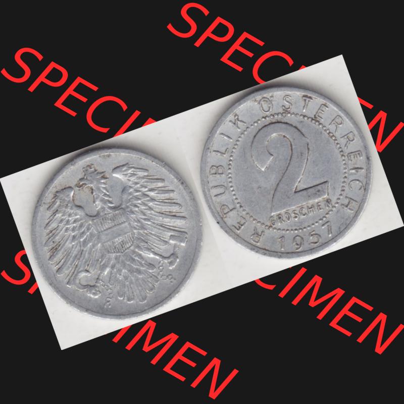 Münzen Österreich Umlaufmünze 1950-1994, 2 Groschen 1957, Münze aus Österreich mit Münzseiten Horizontal / Nebeneinander auf einen Bild für Mobile-Geräte... Sammlung