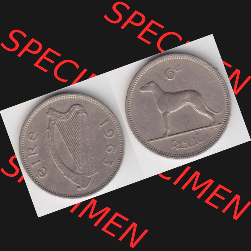 Münzen Irland Umlaufmünze 1942-1969, 6 Pence 1963. Vorderseite und Rückseite horizontal auf einen digitalen Bild der alten irischen Umlaufmünze aus Irland in Irische Pfund-Währung... Sammlung