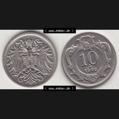 Münzen Österreich Umlaufmünze 1892-1911, 10 Heller 1909, Münze aus Österreich mit Münzseiten Horizontal / Nebeneinander auf einen Bild für Mobile-Geräte... Sammlung