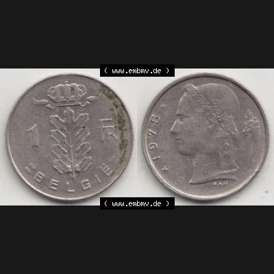 Münzen Belgien Umlaufmünze 1950-1988, 1 Francs-Franken 1975 Belgie. Vorderseite und Rückseite horizontal auf einen digitalen Bild der alten belgischen Francs Umlaufmünze... Sammlung