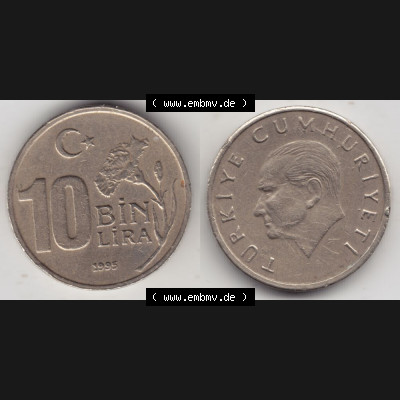 Münzen Türkei Umlaufmünze 1994-1997, 10 Bin Lira, 10000 Lire 1995. Vorderseite und Rückseite der Münze der Türkei auf einen Digitalen Bild, als Bildmaterial... Sammlung
