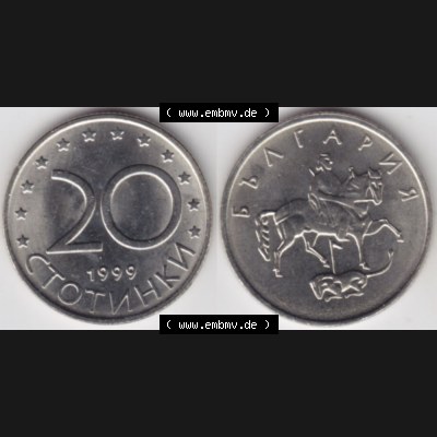 Münzen Bulgarien Umlaufmünze 1999, 20 CTOTNHKN Stotinki, Bild mit Vollansicht zum Download Sammlung