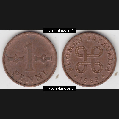 Münzen Finnland Umlaufmünze 1963-1969, 1 Penni, 1963. Vorderseite und Rückseite horizontal auf einen digitalen Bild der alten finnischen Umlaufmünze aus Finnland... Sammlung