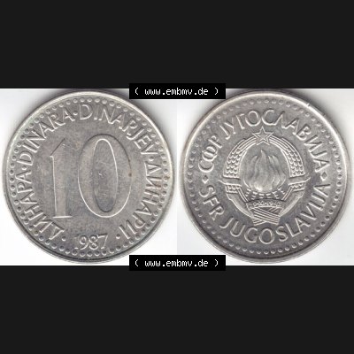 Münzen Jugoslawien Umlaufmünze 1982-1988, 10 Dinara, Dinarjev 1987, Bild mit Vollansicht als Bildmaterial Sammlung