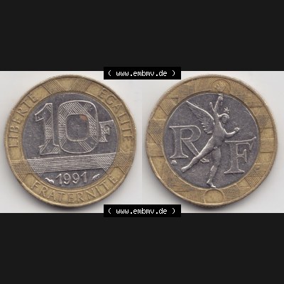Münze Frankreich 1991, 10 Francs. Vorderseite und Rückseite horizontal auf einen digitalen Bild der alten französischen Umlaufmünze aus Frankreich in der Francs-Währung... Sammlung