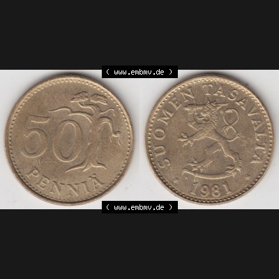 Münzen Finnland Umlaufmünze 1963-1990, 50 Penniä, 1981. Vorderseite und Rückseite horizontal auf einen digitalen Bild der alten finnischen Umlaufmünze aus Finnland... Sammlung