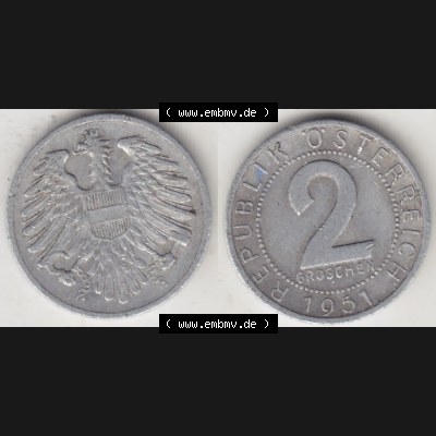 Münzen Österreich Umlaufmünze 1950-1994, 2 Groschen 1951, Münze aus Österreich mit Münzseiten Horizontal / Nebeneinander auf einen Bild für Mobile-Geräte... Sammlung