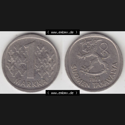 Münzen Finnland Umlaufmünze 1969-1993, 1 Markka 1971. Vorderseite und Rückseite horizontal auf einen digitalen Bild der alten finnischen Umlaufmünze aus Finnland SUOMI... Sammlung