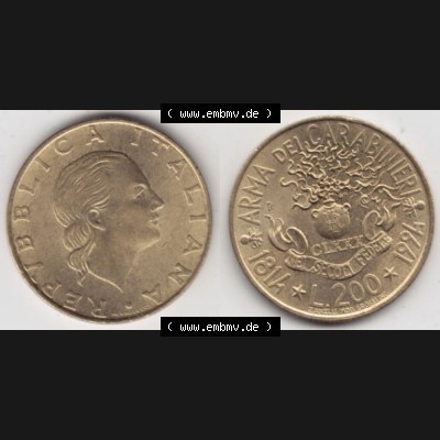 Münzen Italien Gedenkmünze 1994-1994, 200 Lire 180 Jahre Carabinieri. Vorderseite und Rückseite horizontal auf einen digitalen Bild der alten italienischen Münze aus Italien... Sammlung