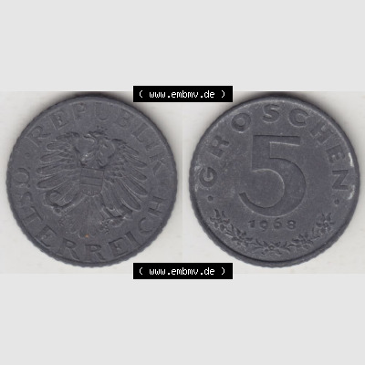 Münzen Österreich Umlaufmünze 1948-1994, 5 Groschen 1968 I., Münze aus Österreich mit Münzseiten Horizontal / Nebeneinander auf einen Bild für... Sammlung