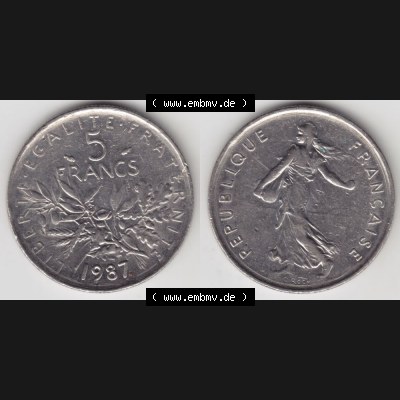 Münze Frankreich 1970-2001, 5 Francs 1985 Liberte Egalite Fraternite. Vorderseite und Rückseite horizontal auf einen digitalen Bild der alten französischen Umlaufmünze... Sammlung