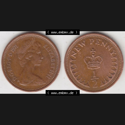 Münzen Großbritannien Umlaufmünze 1971-1981, 1/2 New Penny 1971. Vorderseite und Rückseite horizontal auf einen digitalen Bild der alten britischen Münze aus... Sammlung
