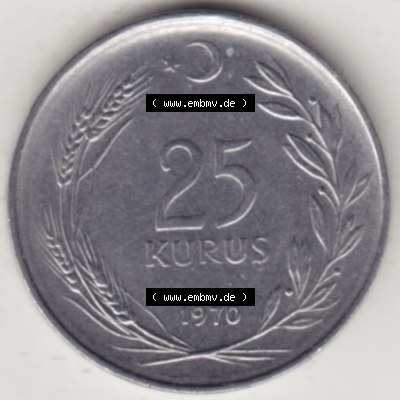 Münzen Türkei Umlaufmünze 1967-1978, 25 Kurus 1970. Rückseite der Münze der Türkei als Bildmaterial für Sammler und Münzen-Webseiten hier im online... Sammlung