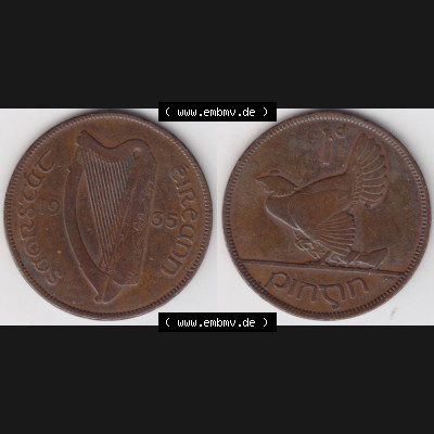 Münzen Irland Umlaufmünze 1928-1937, 1 Penny, Pence 1935. Vorderseite und Rückseite horizontal auf einen digitalen Bild der alten irischen Umlaufmünze aus Irland... Sammlung