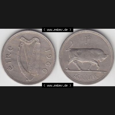 Münzen Irland Umlaufmünze 1951-1968, 1 Schilling 1966. Vorderseite und Rückseite horizontal auf einen digitalen Bild der alten irischen Umlaufmünze aus Irland in Irische... Sammlung