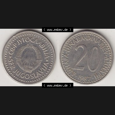 Münzen Jugoslawien Umlaufmünze 1985-1987, 20 Dinar 1987, Bild mit Vollansicht als Bildmaterial Sammlung