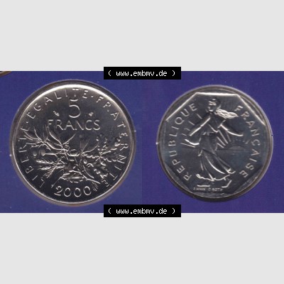 Münze Frankreich 2000, 5 Francs. Vorderseite und Rückseite horizontal auf einen digitalen Bild der alten französischen Umlaufmünze aus Frankreich in der Francs-Währung... Sammlung