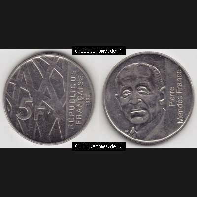 Münze Frankreich 1992-1992, 000500. 5 Francs Franken in Nickel. Vorderseite und Rückseite horizontal auf einen digitalen Bild der alten französischen Umlaufmünze... Sammlung
