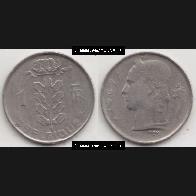 Münzen Belgien Umlaufmünze 1950-1988, 1 Francs-Franken 1967 Belgique. Vorderseite und Rückseite horizontal auf einen digitalen Bild der alten belgischen Francs Umlaufmünze... Sammlung