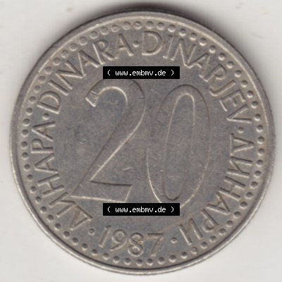 Münzen Jugoslawien Umlaufmünze 1985-1987, 20 Dinar 1987, Bild mit Rückseite der Münze als Bildmaterial Sammlung