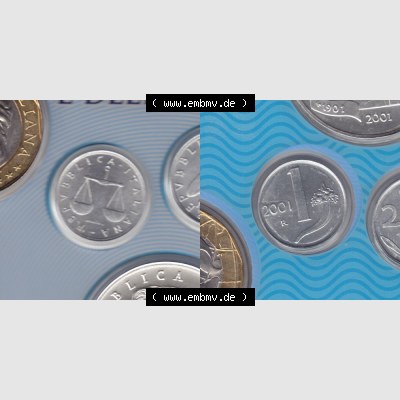 Münzen Italien Umlaufmünze 1951-2001, 1 Lira-Lire Münze mit Waage 2001. Vorderseite und Rückseite horizontal auf einen digitalen Bild der alten italienischen Münze... Sammlung